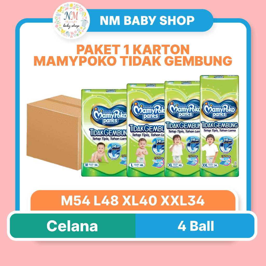 MAMYPOKO PAKET 1 KARTON PANTS TIDAK GEMBUNG SLIM M54 L48 XL40 POPOK CELANA EXTRA KERING SLIM S 54 L 