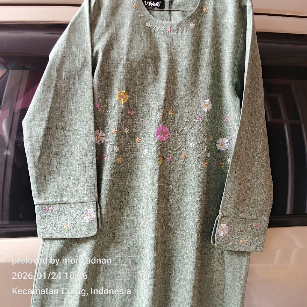PRELOVED - ABAYA GAMIS LINEN Warna Sage Bordir bunga size S