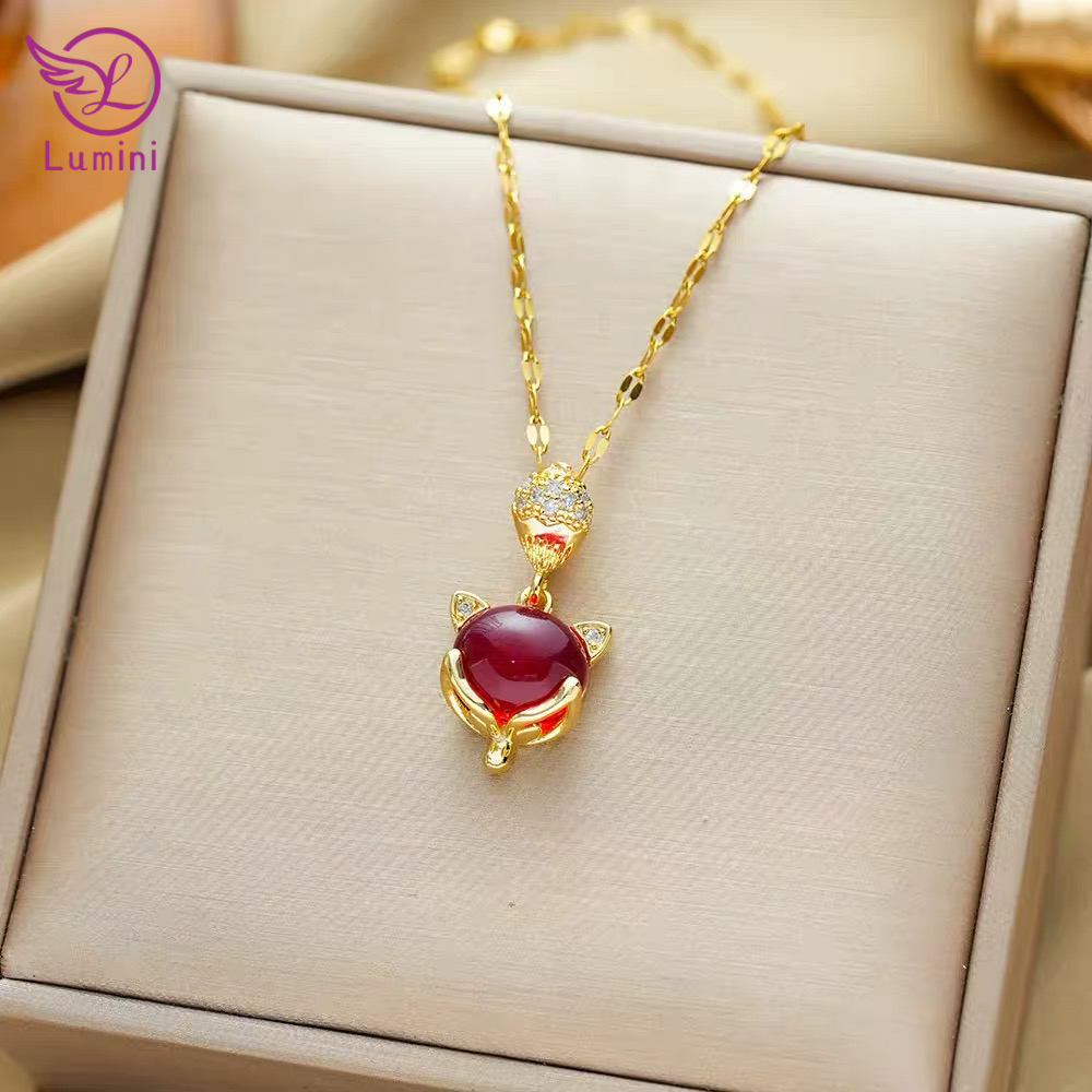 Lumini  Kalung Ruby Rubah Berlapis Emas Tahan pudar, anti-alergi gaya Korea-Jepang