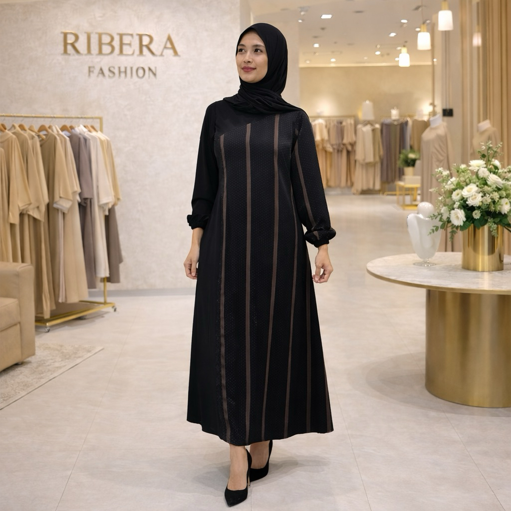 Abaya Gamis premium Jet Black motif kombinasi leher Sanghai