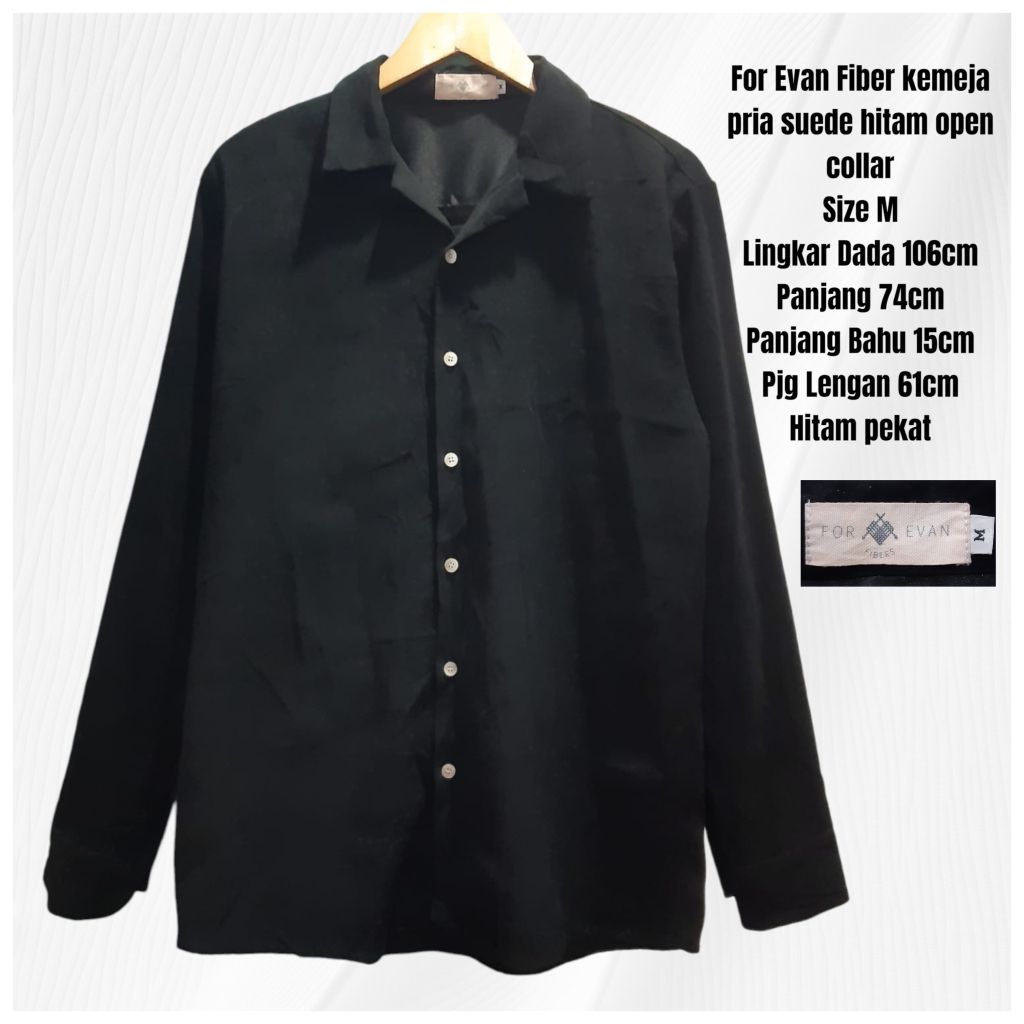 For Evan Fiber kemeja pria suede hitam skena open collar