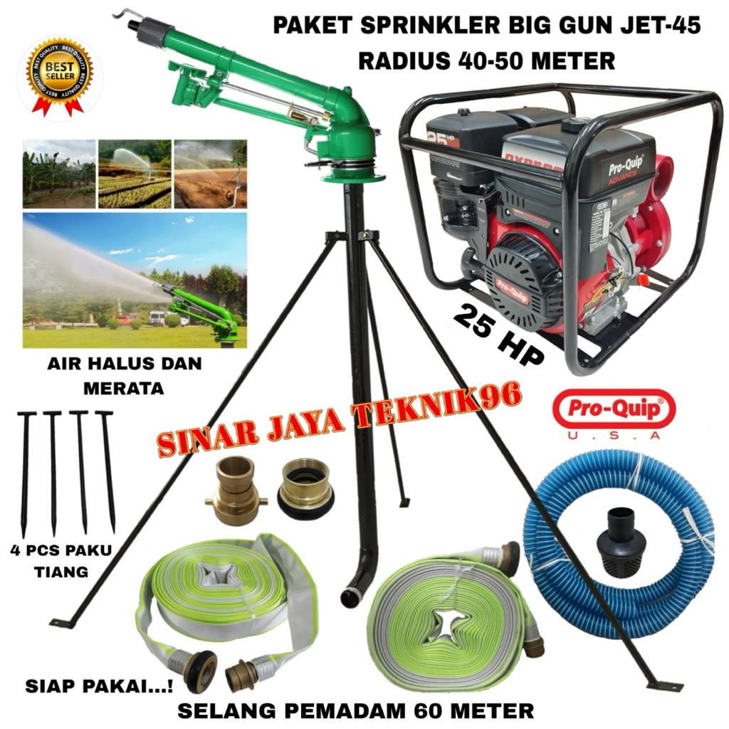 PROMO Paket Sprinkler Jet 45 Komplit Pompa Pemadam Original Pro Quip 25 HP Radius Keliling 70-80 Met