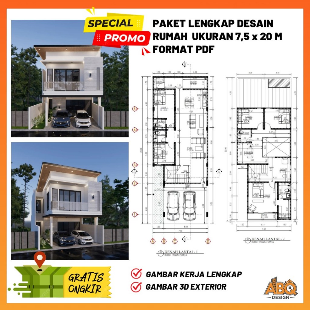 Gambar Kerja Desain Rumah  2 Lantai Ukuran 7,5 x 20 meter 5 Kamar Tidur