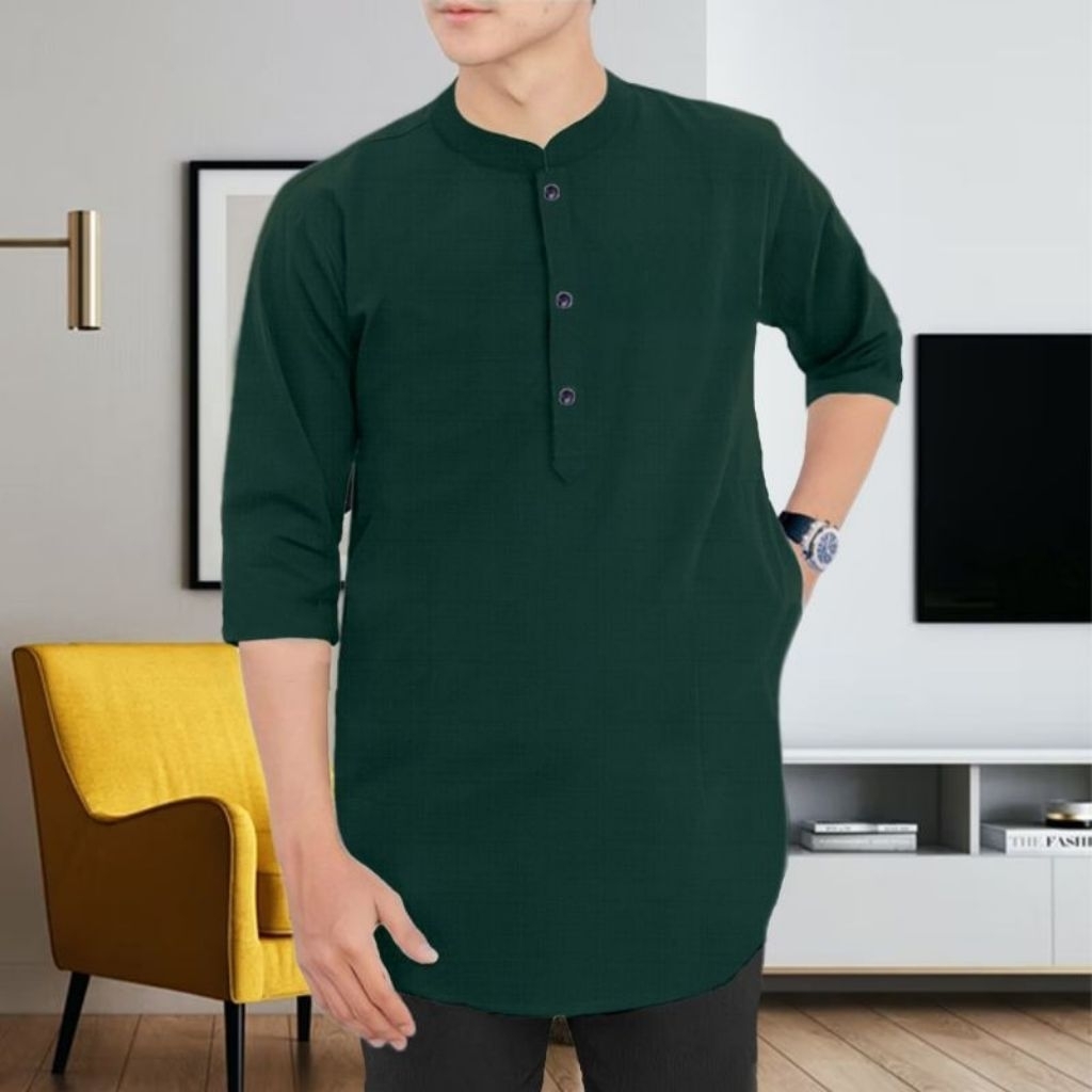 AROHMAN - BAJU KOKO KAOS KURTA PRIA LENGAN 3/4 KATUN ADEM L XL XXL JUMBO ACARA LEBARAN SERAGAMAN WAR