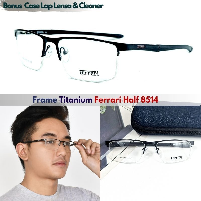 Premium Frame Kacamata Half Frame Pria Sporty Titanium Setengah Bingkai Ferrari F8514 Lensa Anti Rad