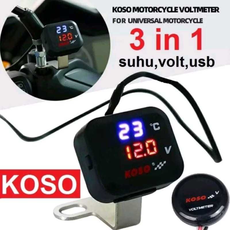 VOLTMETER VOLT METER KOSO 3 IN 1 USB CHARGER TERMOMETER DIGITAL SUHU TEGANGAN AKI UNIVERSAL SEMUA MO