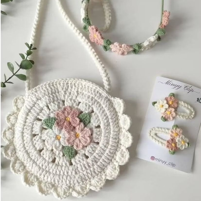 [RCB03] Tas Rajut Anak Remaja | Tas Bulat Renda Bunga | crochet bag