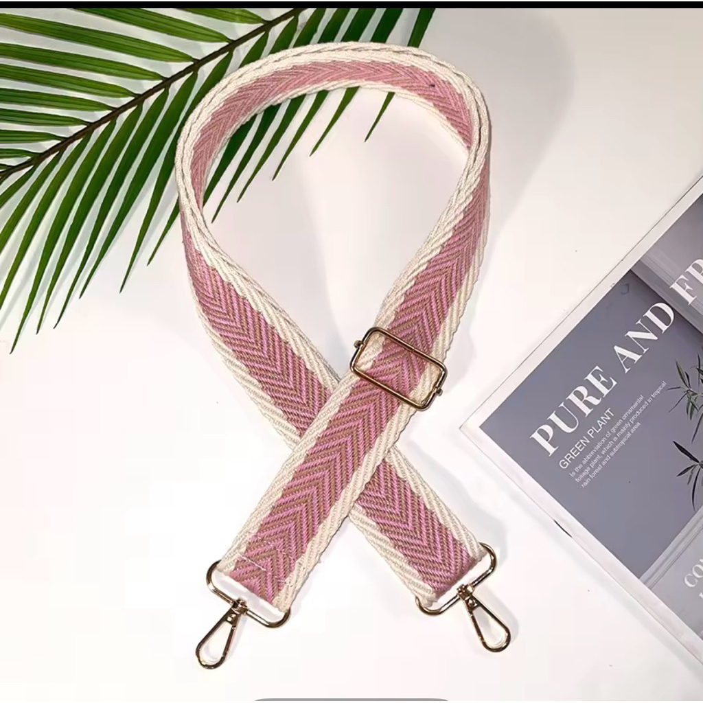 Tali tas/bag strap - cotton canvas tenun kepang - pink putih tulang