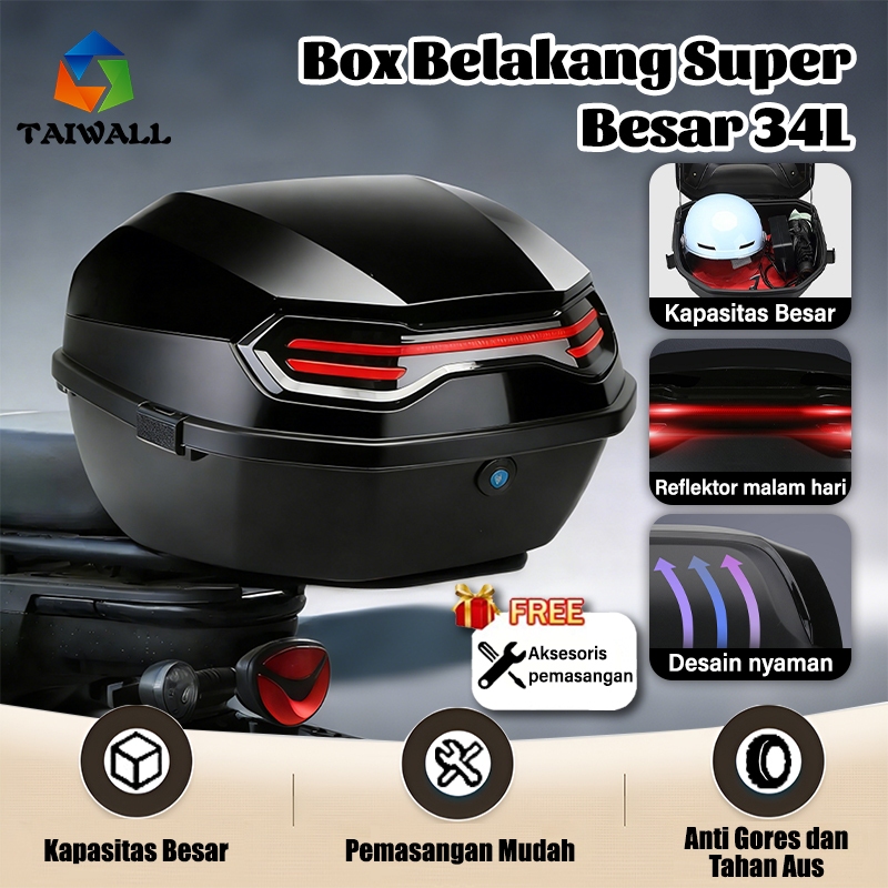Box Motor 34L Belakang box motor Bagasi Motor Universal Tail Box Belakang Sepeda Motor Lampu Strip R