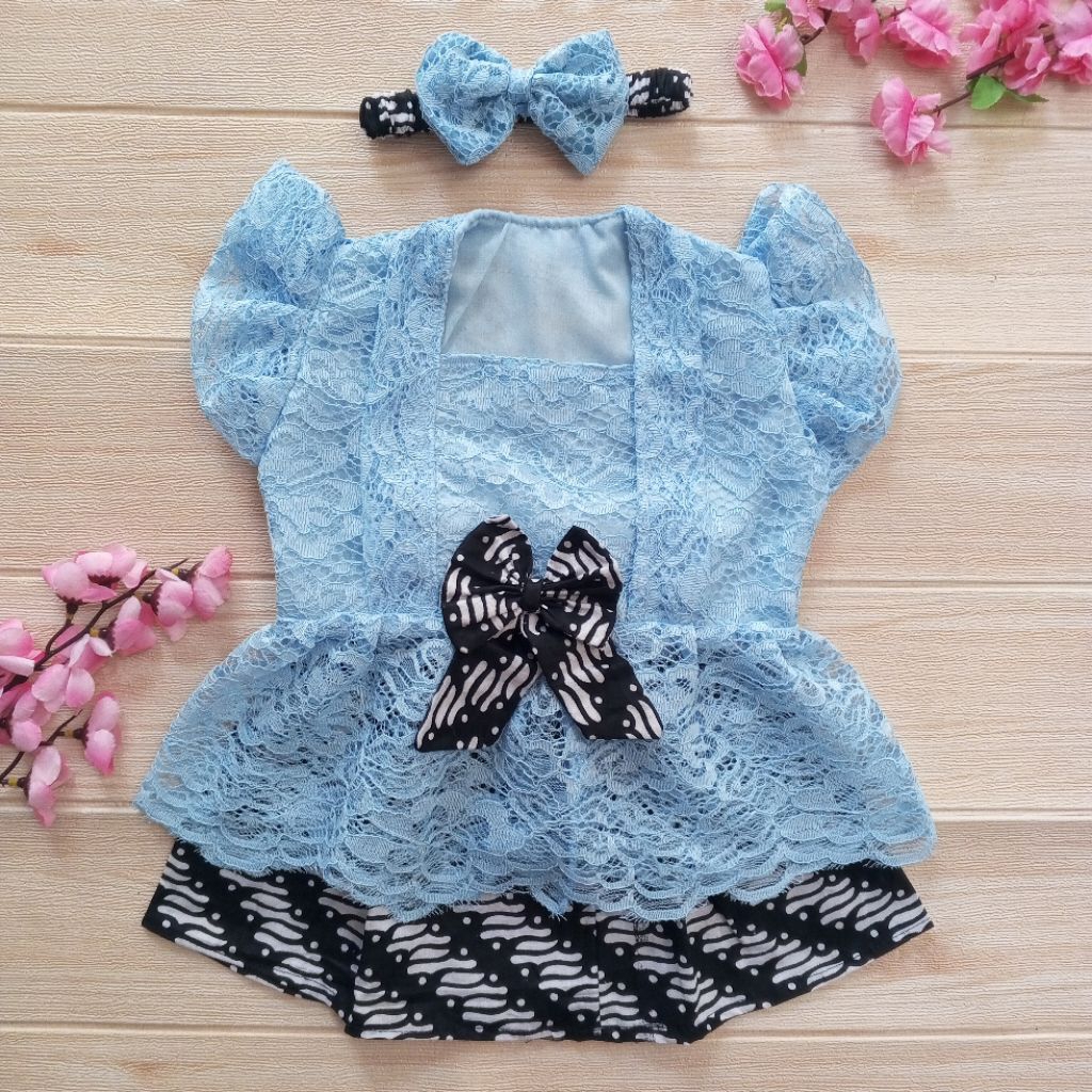 Kebaya Kutu Baru Baby Blue Anak Bayi Perempuan 1 Tahun Brukat Rok Batik Free Bando