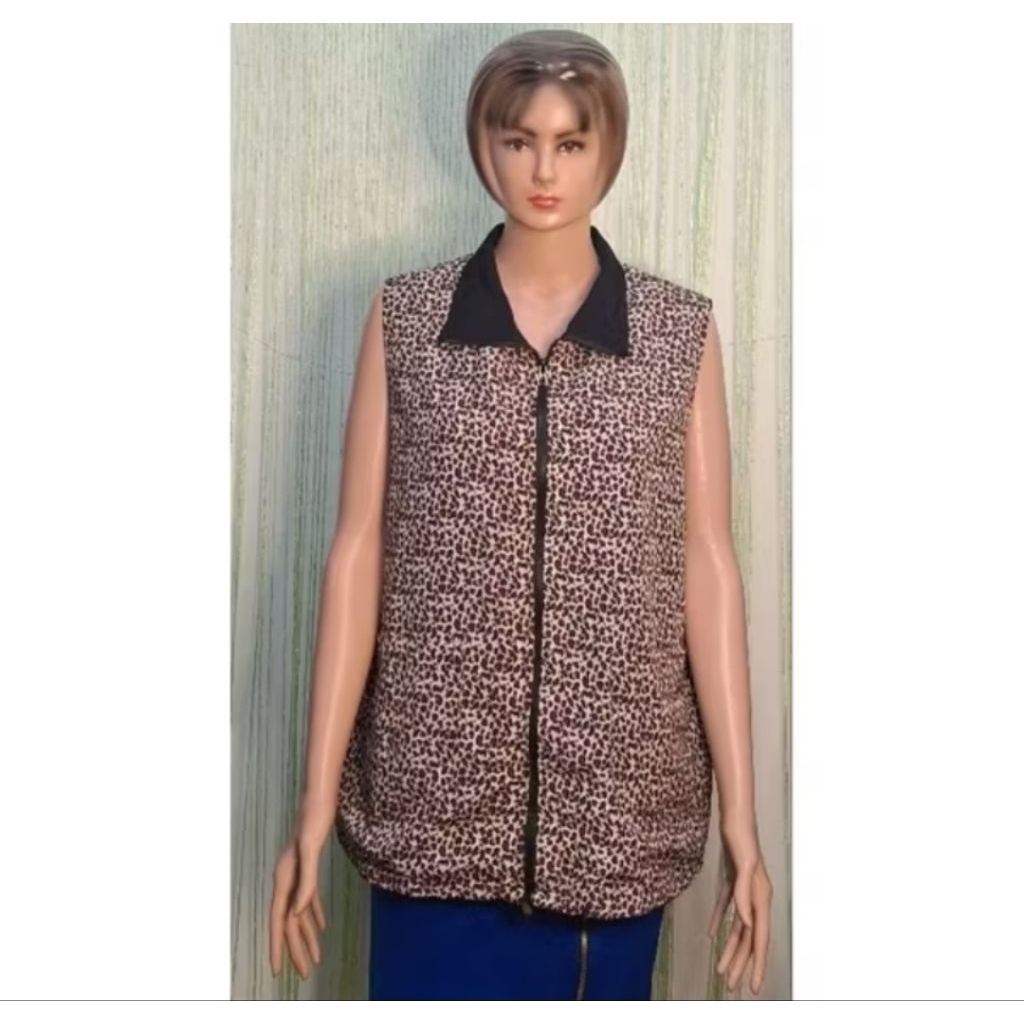 outer rompi wanita jumbo, timbal balik dua motif hitam polos dan leopard, big size