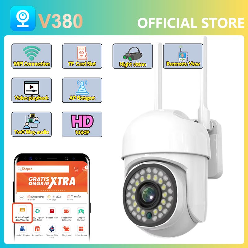CCTV V380 Pro IP Kamera 1080P Outdoor Wifi Waterproof PTZ Color Night Vision, Cloud & Local Storage