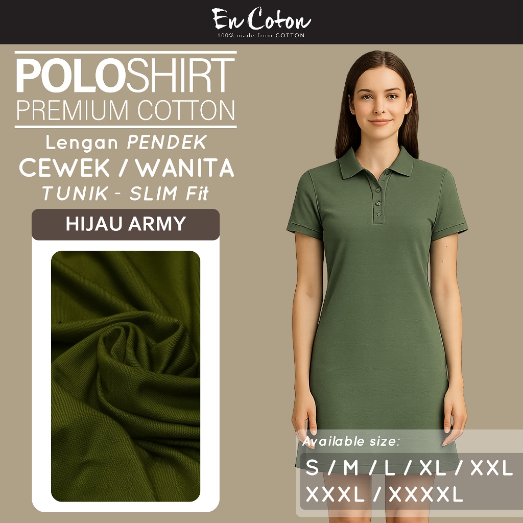 ENCOTON Kaos Kerah Polo Dress Tunik Terusan Wanita HIJAU ARMY Tangan Lengan Pendek