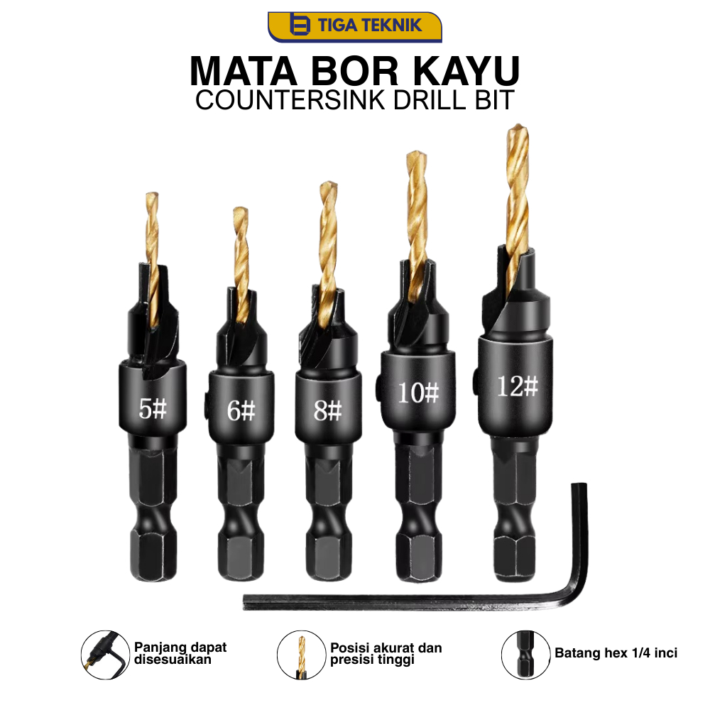 Mata Bor Kayu Countersink Adjustable Mata Bor Pelubang Skrup Kayu Hexagonal - Alat Bor Kayu Profesio