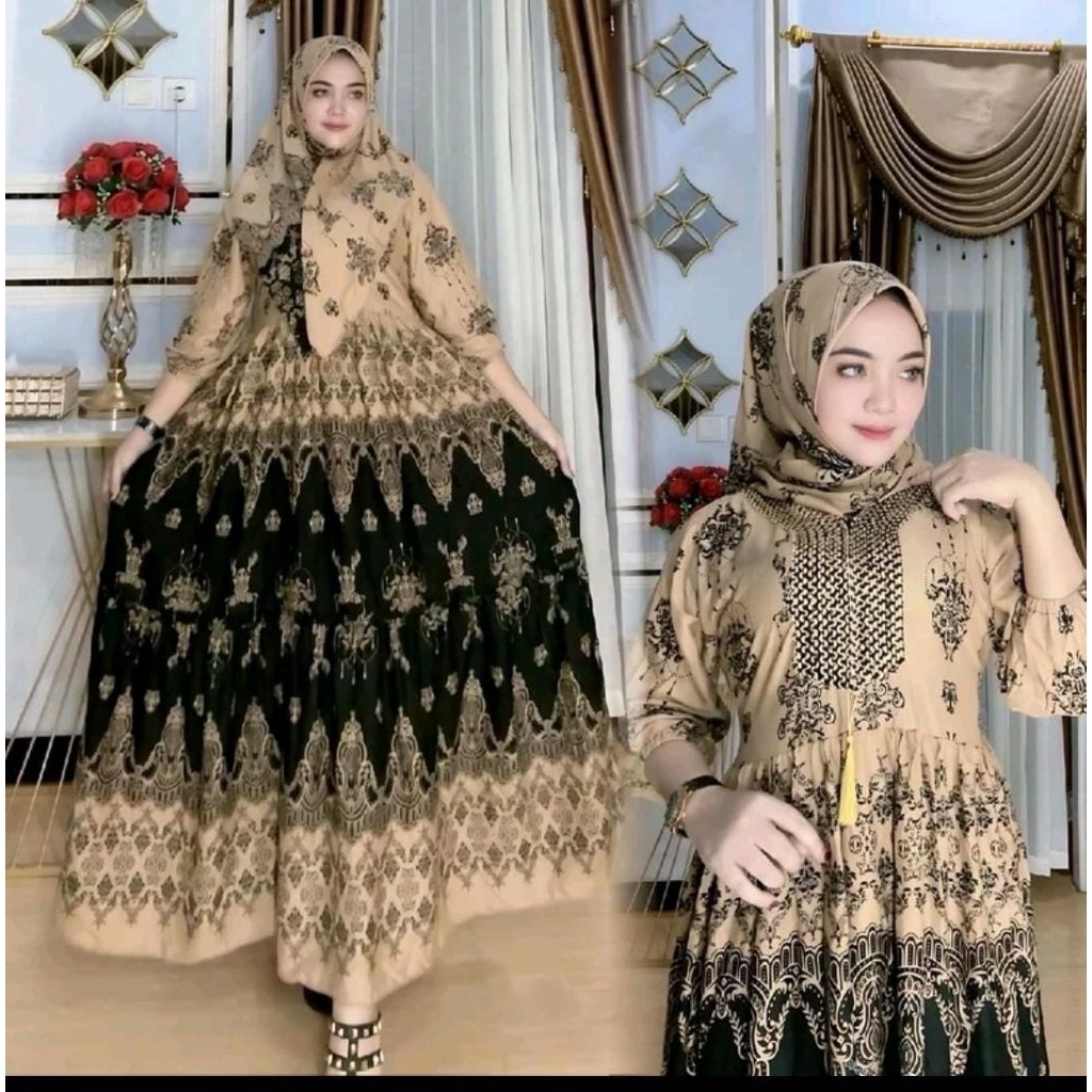 gamis set hijab motif batik bahan rayon tuwil