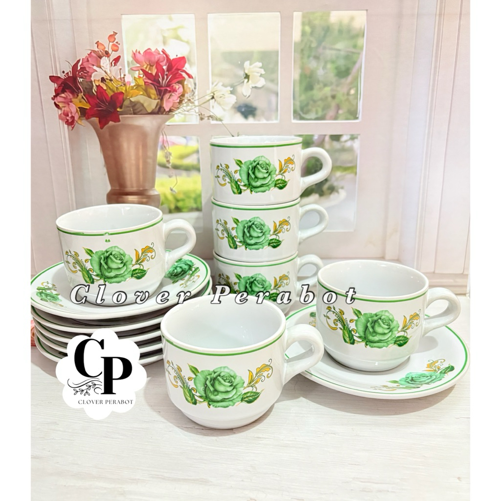1 SET GELAS KERAMIK MOTIF ISI 12 PCS- SET CANGKIR KOPI LUCKY KERAMIK ( 6 cangkir + 6 Tatakan )- SET 