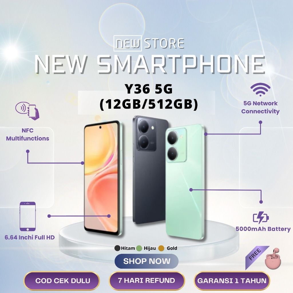 [Bekas] [Seperti baru 99%] Smartphone Bisa COD HP Y36 5G RAM 12GB & 512GB Baterai 5000mAh Fullset Be