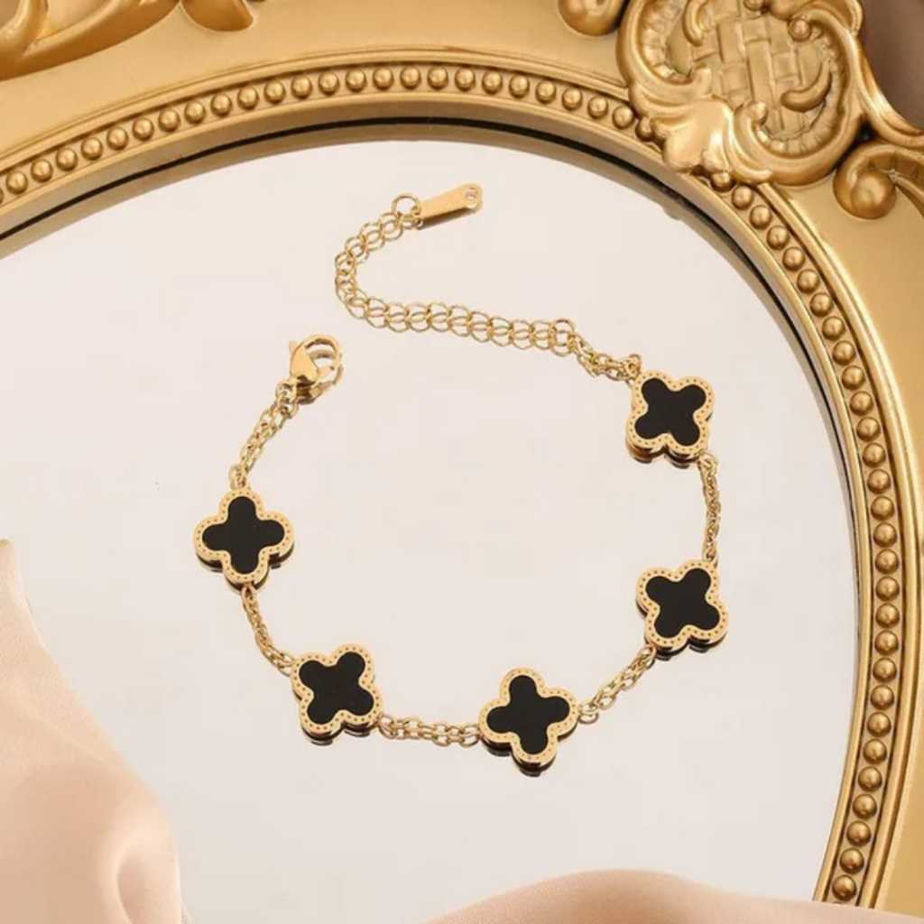 Gelang Wanita Clover Hitam Gold Elegan | Gelang Fashion Wanita Mewah & Simple