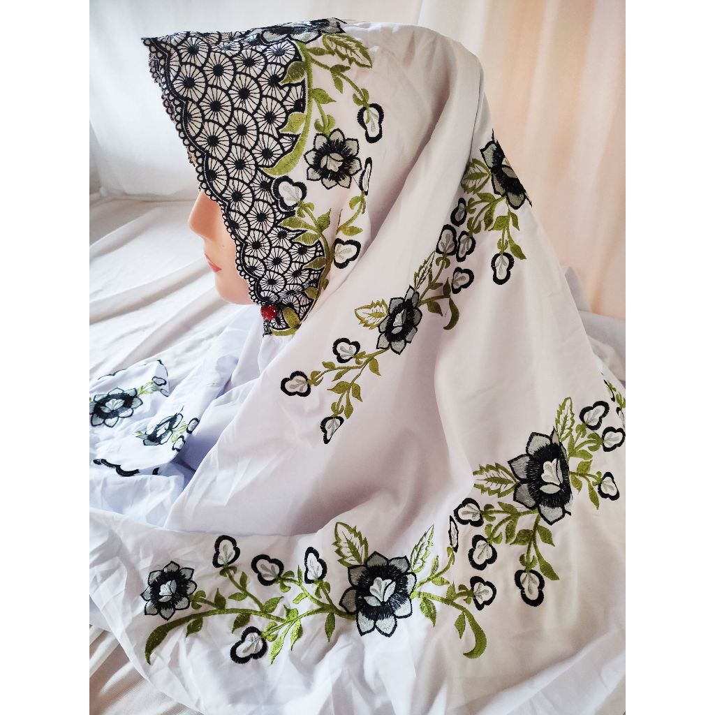 BEST SELLER Mukena Terusan Putih Katun Polino Mikro Tebal Adem – Telekung Langsungan Bordir Bunga – 