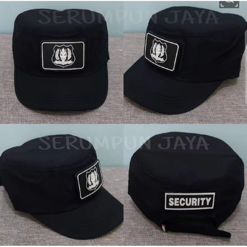 TOPI KOMANDO HITAM SECURITY LOGO PUTIH 2 PATCH RUBBER - TOPI KOMANDO SECURITY HITAM LOGO PUTIH PATCH