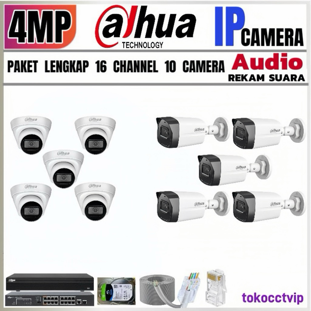 PAKET CCTV DAHUA  IP  KAMERA  4MP AUDIO  16 CH  10 KAMERA ( REKAM  SUARA ) KOMPLIT