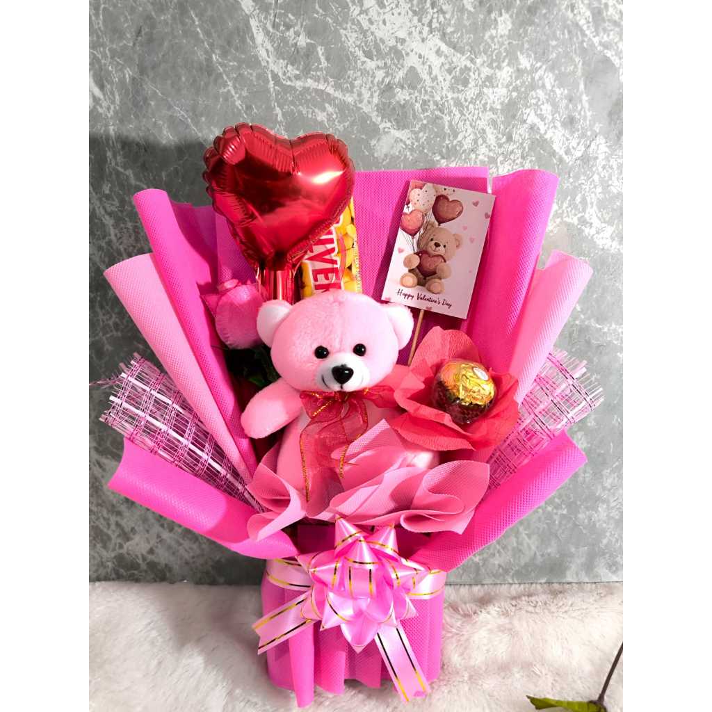 Buket Boneka Teddy Bear Coklat Silverqueen Fererro Rocher dan Balon untuk kado Birthday Valentine Ul