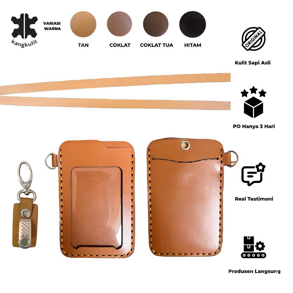 LANYARD NAME TAG ID CARD HOLDER KULIT - IDC3LB - POLOS TAN HITAM COKLAT COKLAT TUA
