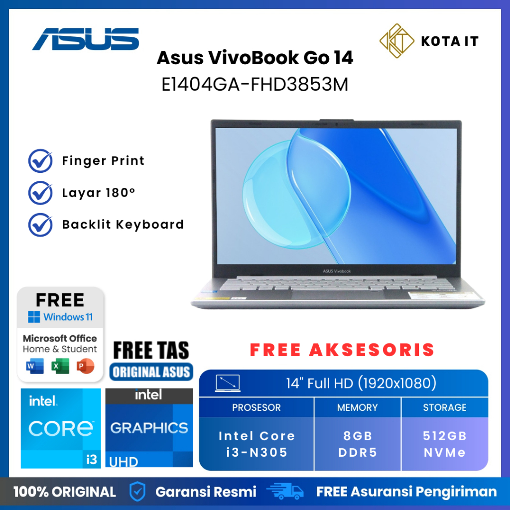 RESMI LAPTOP Asus VivoBook Go 14 E1404GA - FHD3853M with Intel i3 N305 | RAM 8GB | SSD 512GB | Finge