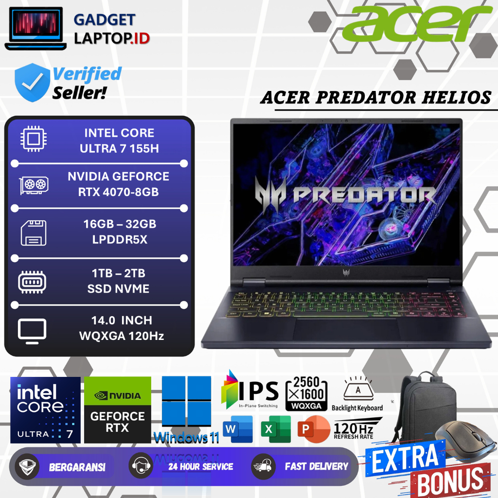 Acer Predator Helios Neo Intel Ultra 7 RTX4070 16GB DDR5 2TB SSD 14 inch WQXGA IPS 120Hz