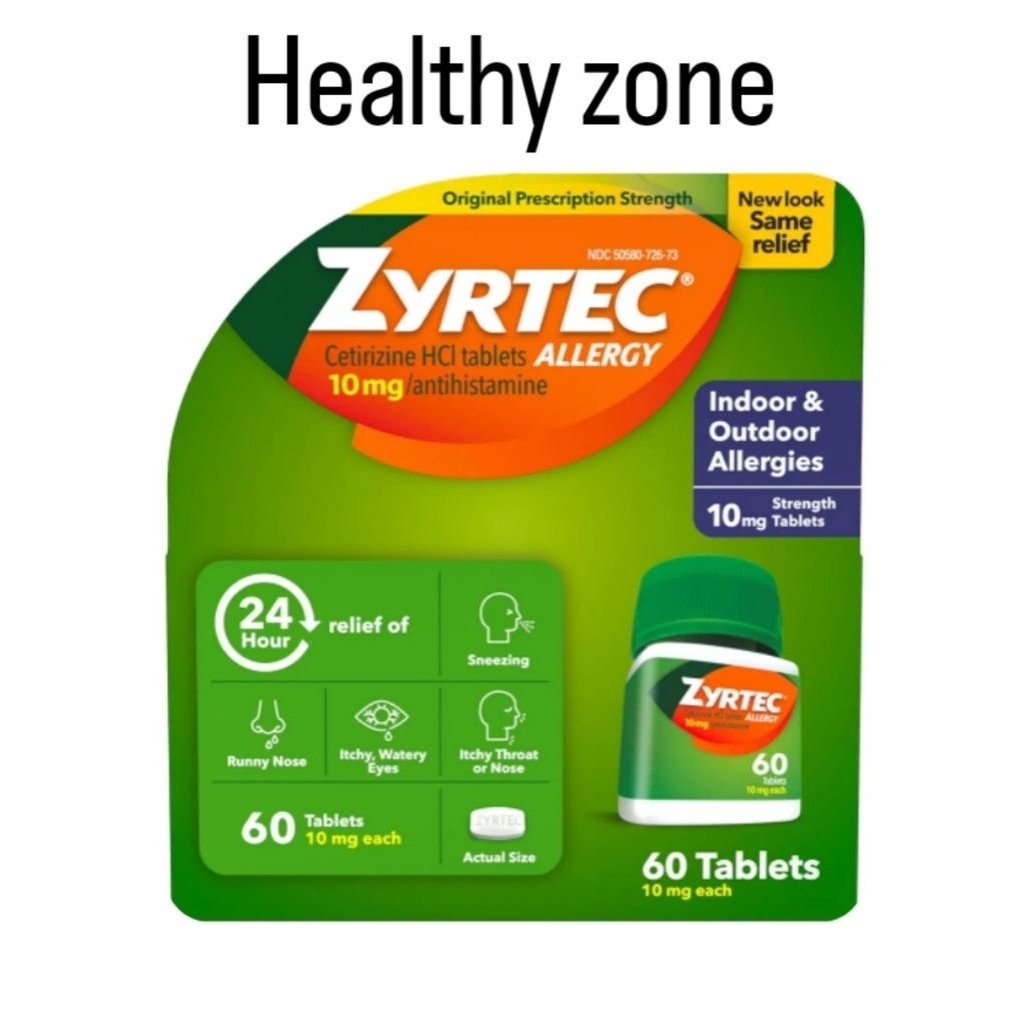 Zyrtec Cetirizine HCl tablets ALLERGY 10 mg,60 tablets.meredakan gejala alergi dalam dan luar ruanga