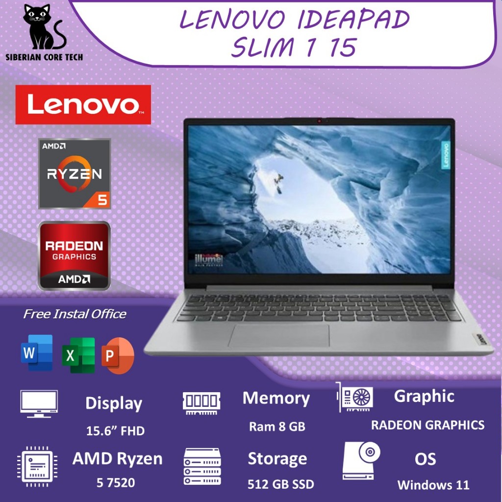 Laptop Lenovo Ideapad Slim 1 15 RYZEN 5 7520 8GB 512SSD W11 15.6 FHD