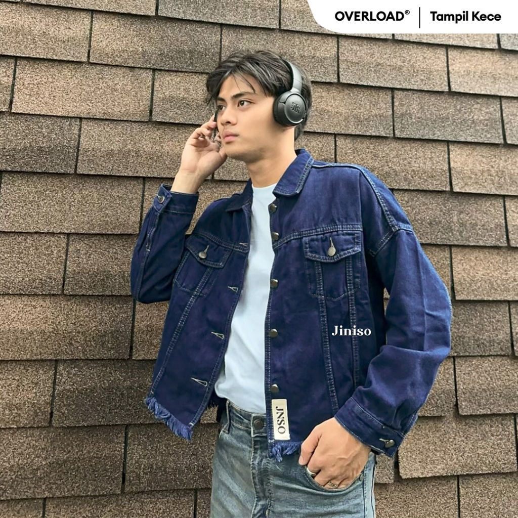 JINISO - Denim Pria Jaket Jeans Oversize Raw Trucker Blue Black