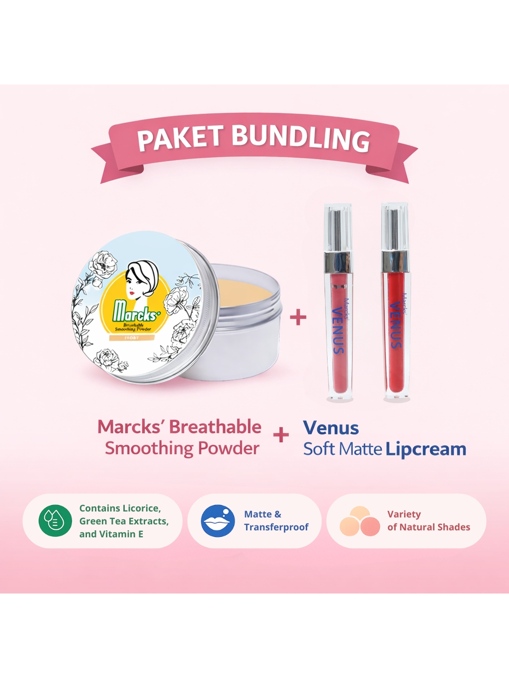 [Paket Bundling] Marcks’ Breathable Smoothing Powder + Venus Soft Matte Lipcream Original
