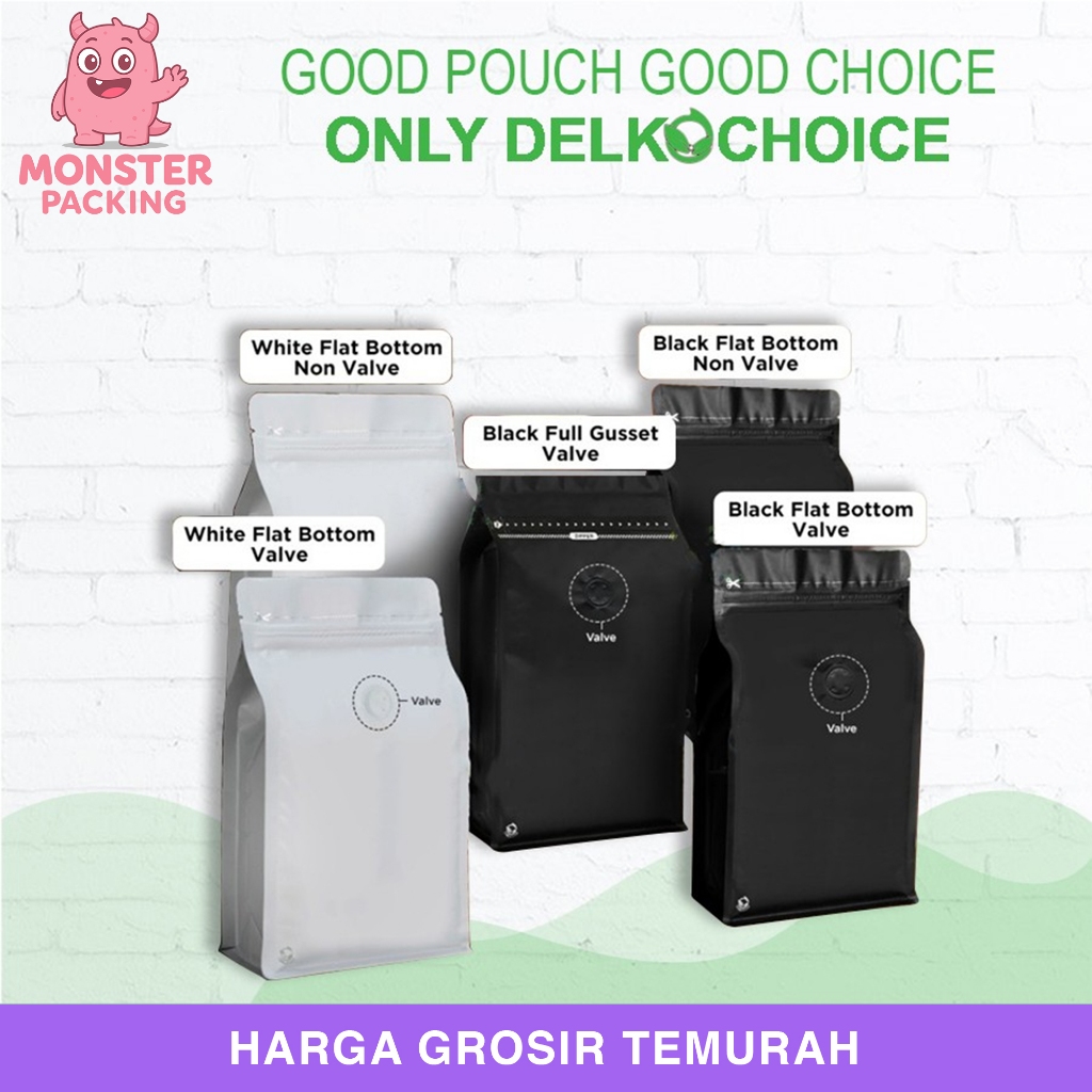 STANDING POUCH FLAT BOTTOM KEMASAN KOPI NON VALVE + VALVE