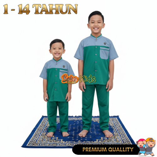 BABAKIDS SETELAN BAJU KOKO ANAK LAKI LAKI 1-14 TAHUN WARNA HIJAU ABU BAHAN PREMIUM