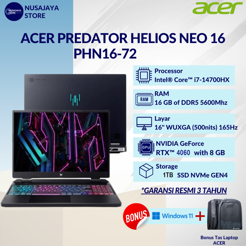ACER Predator Helios Neo 16 PHN16-72 i7-14700HX 16GB 1TB RTX4060 16" sRGB 100% W11 OHS