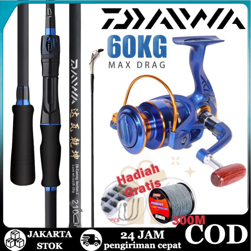 DAIWA Set Joran Lure + Gulungan Logam Anti Karat Biru Gratis Senar PE 300M + Kail Pancing