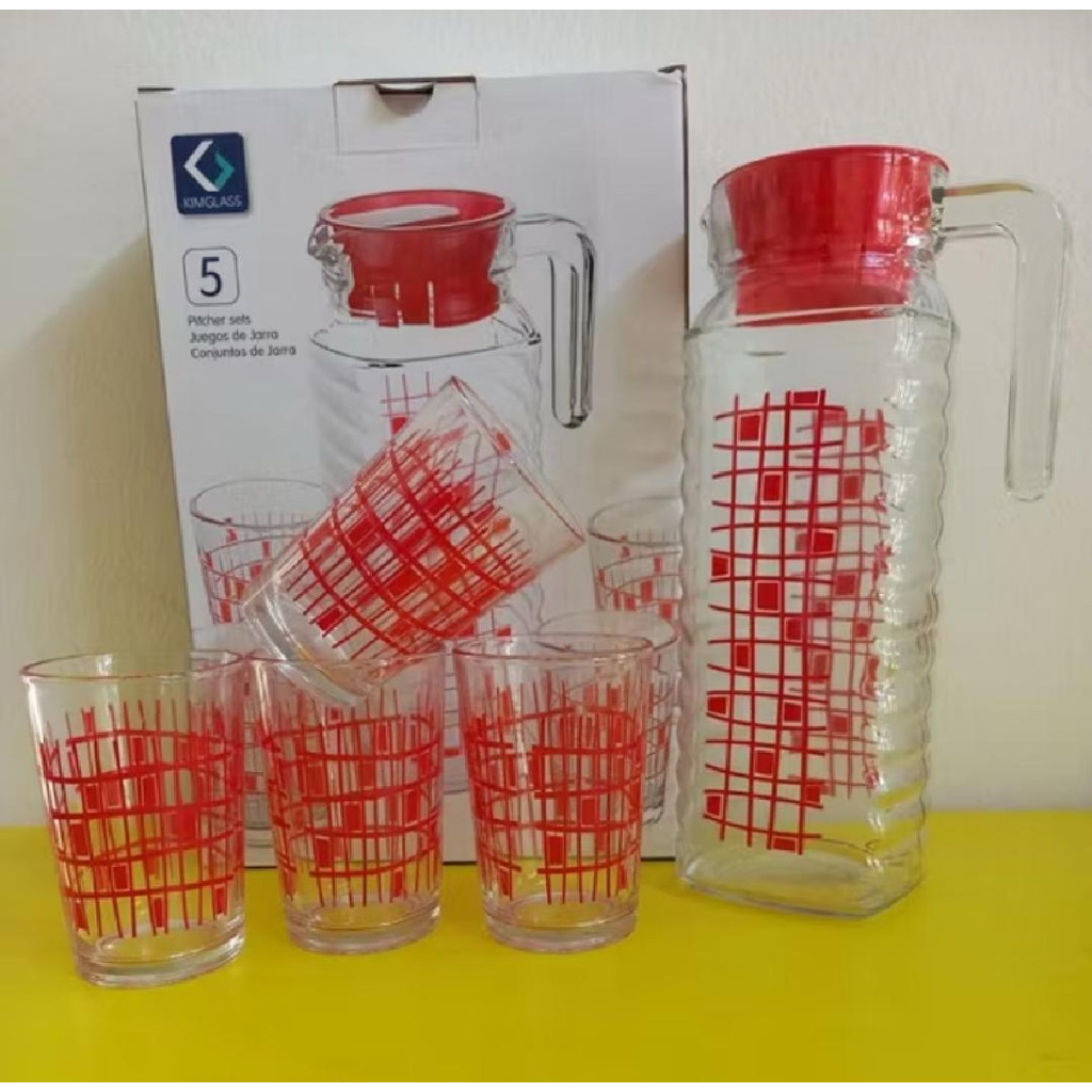 KIMGLASS PITCHER Teko set kaca motif isi 5 pcs (1 teko + 4 gelas)