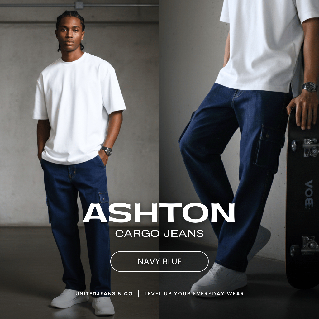 UNITEDJEANS – Ashton Cargo Jeans – Celana Cargo Jeans Pria Relaxed Fit – Navy Blue – (ACJ-03)