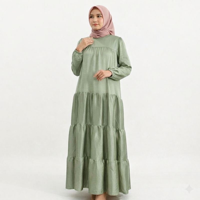 Gamis Shine hijau sage Shimmer Silk Polos Dress fahion Muslim Wanita pesta mewah glamor satin
