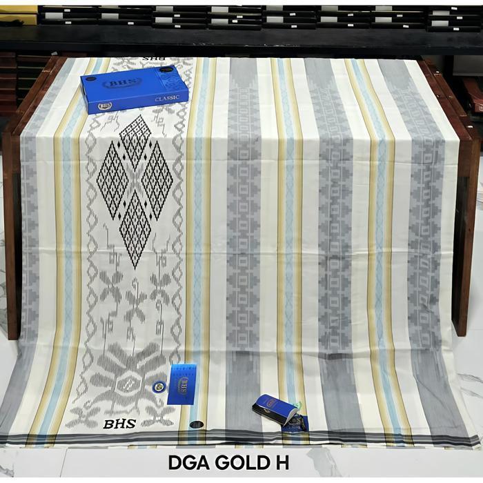 Sarung Tenun BHS Classic Gold Cotton Songket Timbul Putih Biru Motif Terbaru