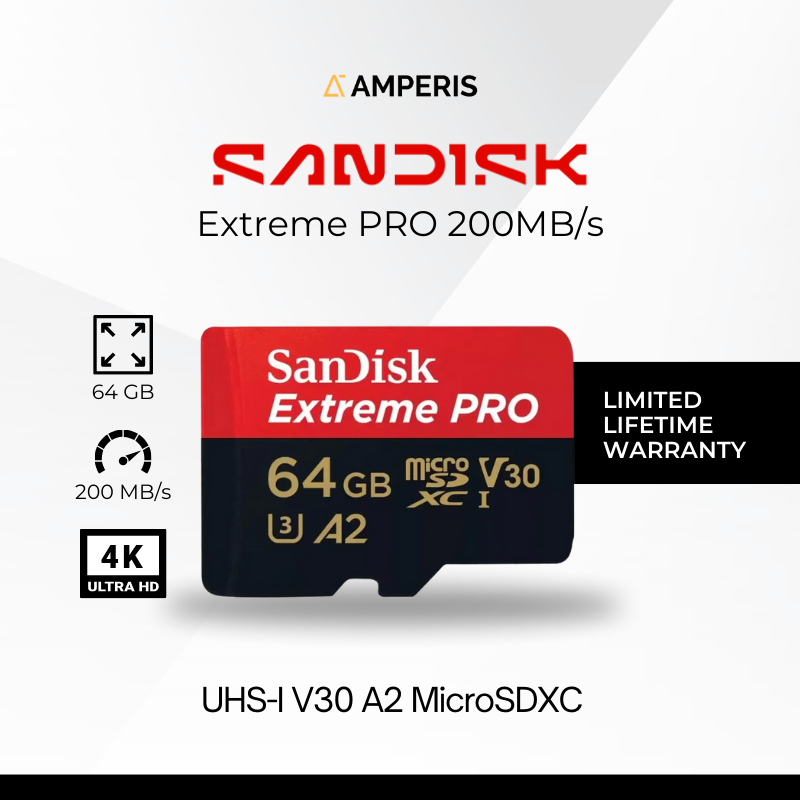 SANDISK Extreme PRO MicroSDXC 64GB 200MB/s UHS-1 C10 U3 V30 A2 4K for Drone Camera CCTV Smartphone