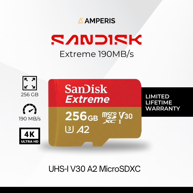SANDISK Extreme MicroSDXC 256GB 190MB/s 4K UHS-1 C10 U3 V30 A2 for Smartphone CCTV Drone