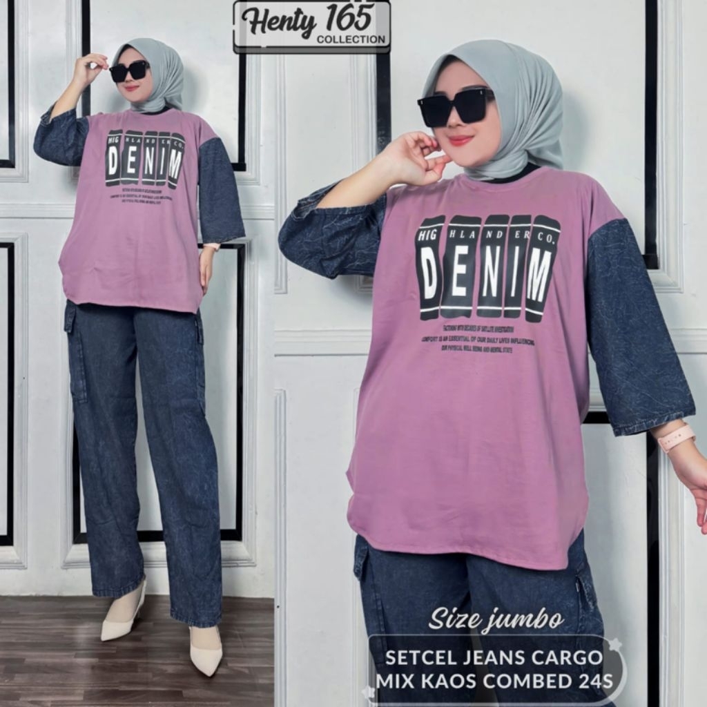 Setelan wanita panjang/one set jumbo XXL combad mix jeans wanita