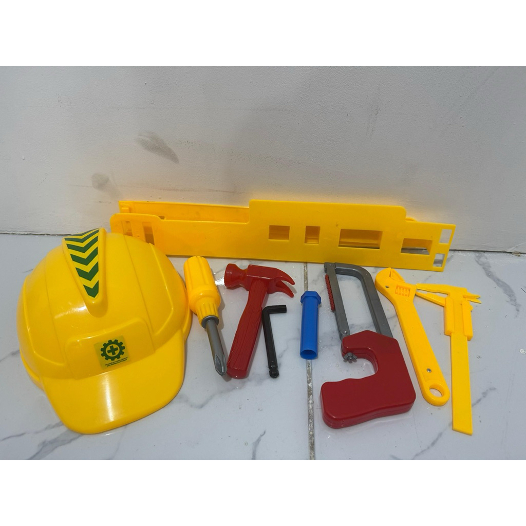 mainan anak 1 set alat tukang perkakas, gergaji, palu, obeng, helm, meteran