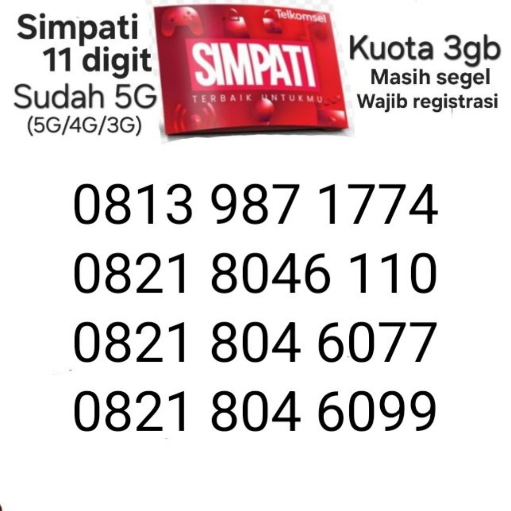 NOMOR CANTIK SIMPATI 11 DIGIT KUOTA 3GB 5G Kartu Perdana Telkomsel Termurah BUKAN 10 Angka Bukan 12 