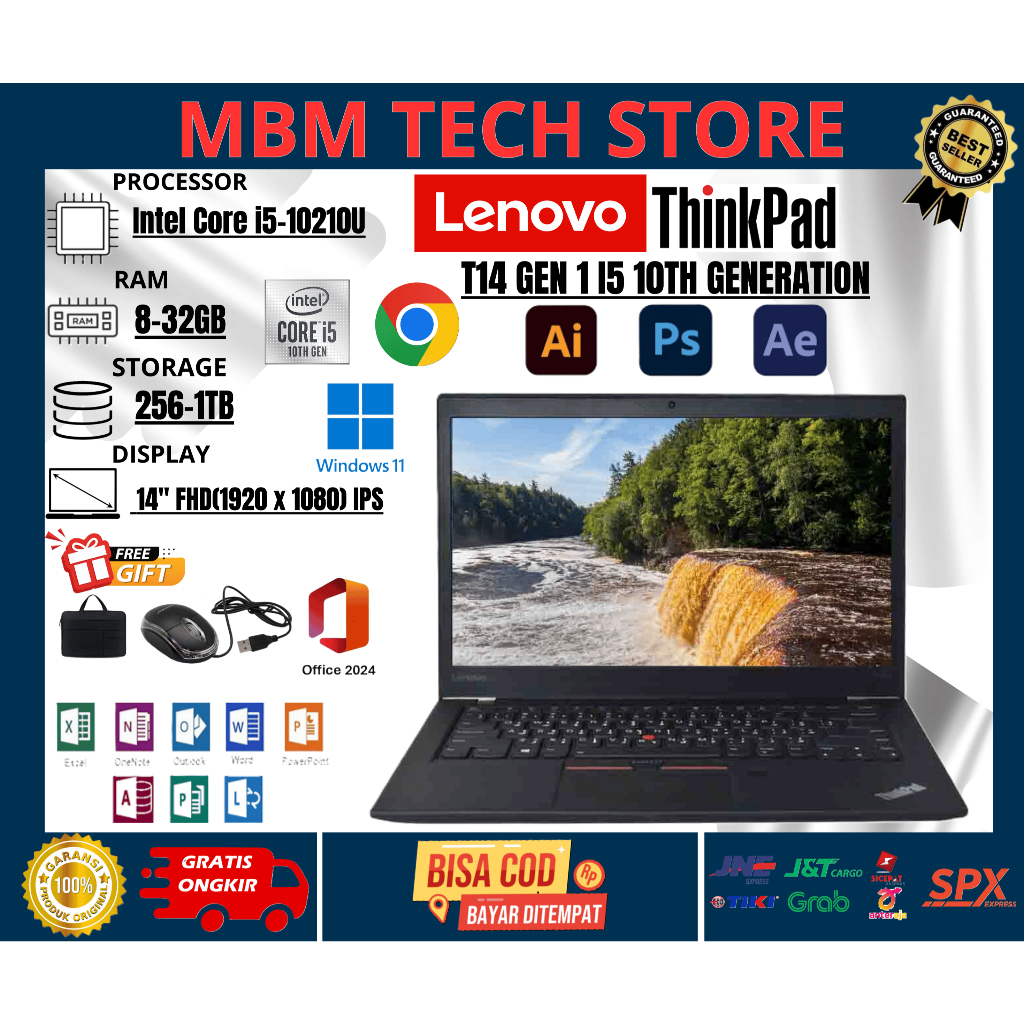 LAPTOP TOUCHSCREEN  LENOVO THINKPAD T14 GEN 1 I5 10TH 32GB/1TB SSD WINDOWS 11 FREE MOUSE DAN TAS