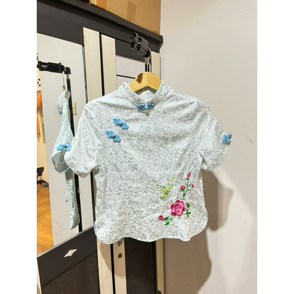 blouse cheongsam embos bordir soft blue china chines style baju atasan top wanita murah cantik