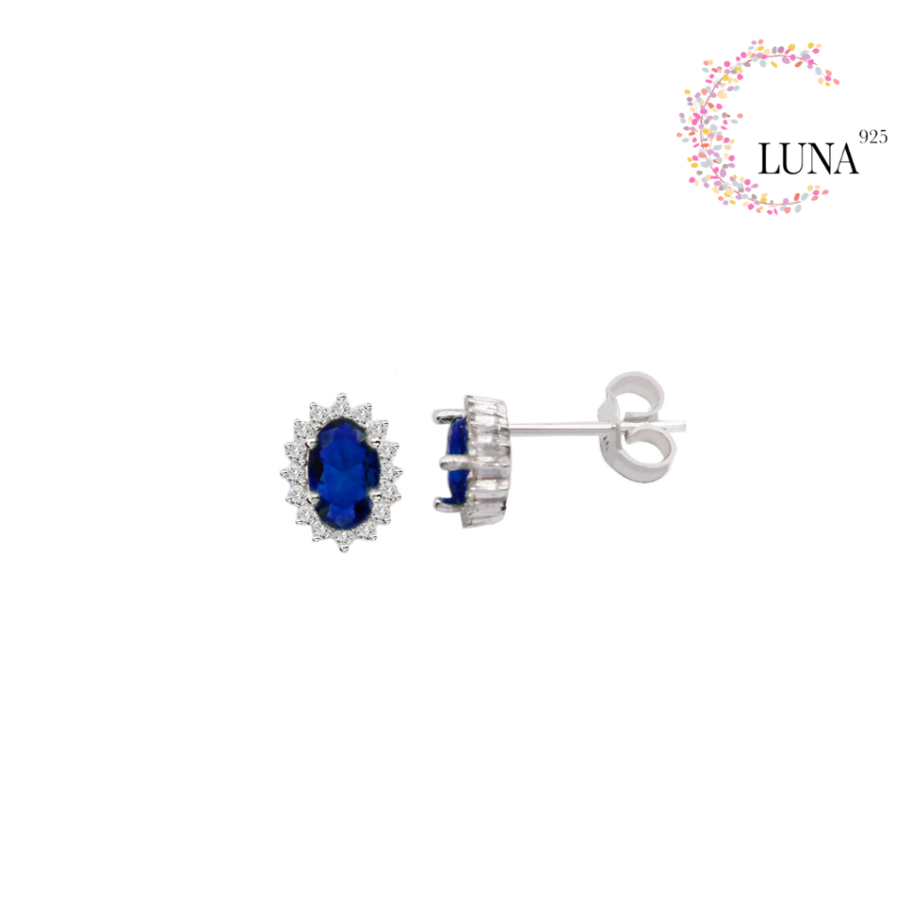 LUNA Perhiasan Wanita  - Anting Stud Lady Diana Batu Warna 4x6 Perak Asli - Silver 925