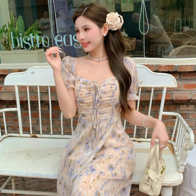 Floral Long Dress Wanita Berlengan Pendek Kekinian Dengan Aksen Pita Cantik DIbagian Dada / Dress Pa